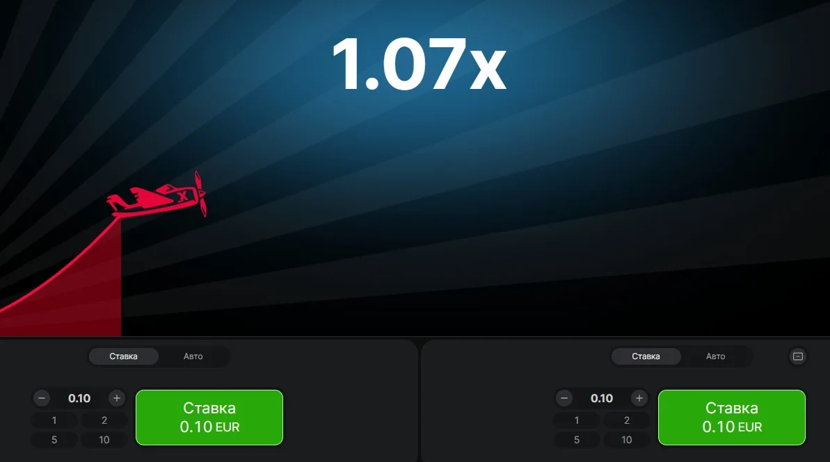 Игра Aviator на Melbet: самолёт в полёте, коэффициент 1.07x и панели ставок