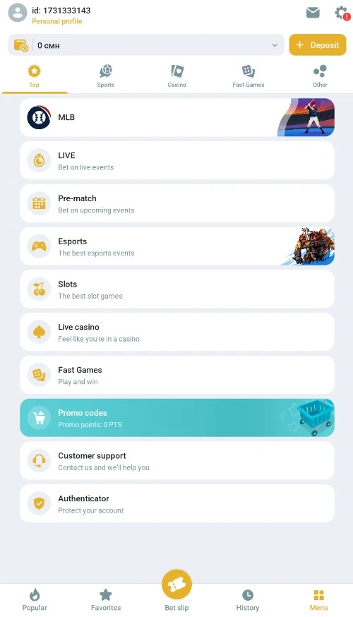 Меню приложения Melbet: разделы ставок, промокоды, поддержка и аутентификатор