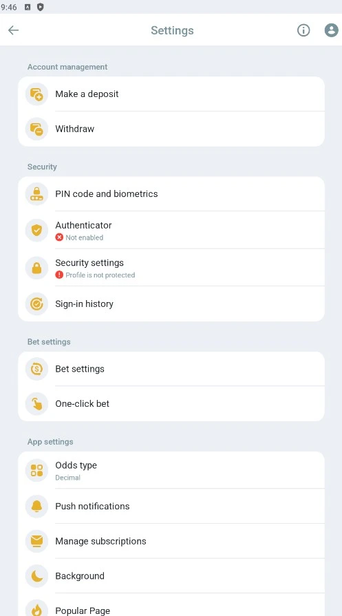 Настройки приложения Melbet: PIN-код, биометрия, аутентификатор и история входов